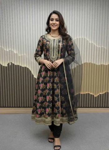 TRENDING CREPE SILK EMBROIDERY AND PRINT WORK GOWN BOTTOM WITH DUPATTA BLACK