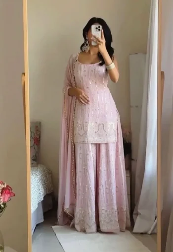 TRENDING GEORGETTE EMBROIDERY SEQUENCE BOTH SIDE WORK TOP PALAZZO WITH DUPATTA BABY PINK