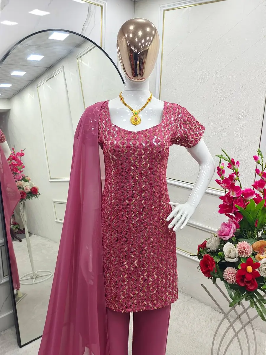 TRENDING GEORGETTE EMBROIDERY SEQUENCE WORK TOP PALAZZO WITH DUPATTA PARTY WEAR WHOLESALE PRICE ETHNIC GARMENT (13)