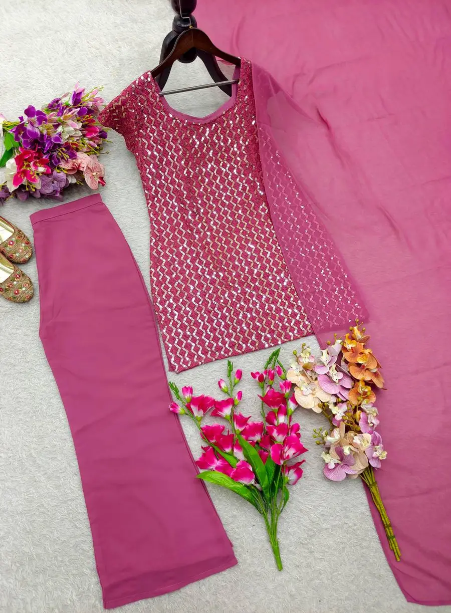 TRENDING GEORGETTE EMBROIDERY SEQUENCE WORK TOP PALAZZO WITH DUPATTA PARTY WEAR WHOLESALE PRICE ETHNIC GARMENT (3)