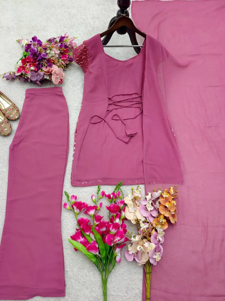 TRENDING GEORGETTE EMBROIDERY SEQUENCE WORK TOP PALAZZO WITH DUPATTA PARTY WEAR WHOLESALE PRICE ETHNIC GARMENT (5)