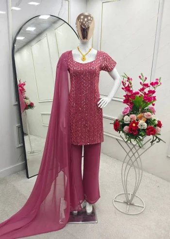 TRENDING GEORGETTE EMBROIDERY SEQUENCE WORK TOP PALAZZO WITH DUPATTA PINK