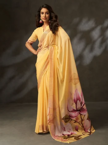TRENDING GEORGETTE SILK DIGITAL PRINTED WITH CROCHET WORK SAREE WITH UNSTITCHED BLOUSE YELLOW