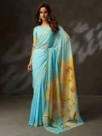 TRENDING GEORGETTE SILK DIGITAL PRINTED WITH CROCHET WORK SAREE WITH UNSTITCHED BLOUSE SKY