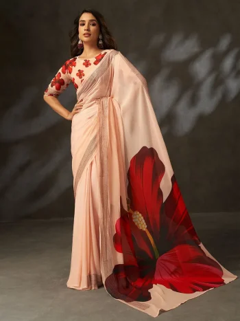 TRENDING GEORGETTE SILK DIGITAL PRINTED WITH CROCHET WORK SAREE WITH UNSTITCHED BLOUSE PEACH