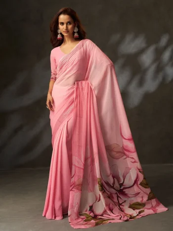 TRENDING GEORGETTE SILK DIGITAL PRINTED WITH CROCHET WORK SAREE WITH UNSTITCHED BLOUSE BABY PINK