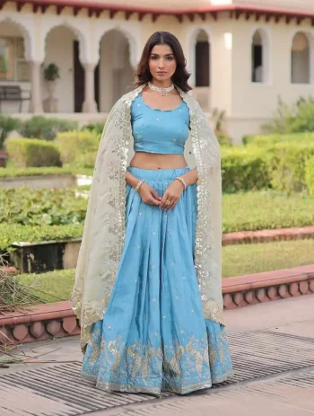 TRENDING GOLD CRUSH SEQUENCE & ZARI EMBROIDERY WORK LEHENGA CHOLI WITH DUPATTA SKY