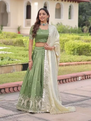 TRENDING GOLD CRUSH SEQUENCE & ZARI EMBROIDERY WORK LEHENGA CHOLI WITH DUPATTA PISTA