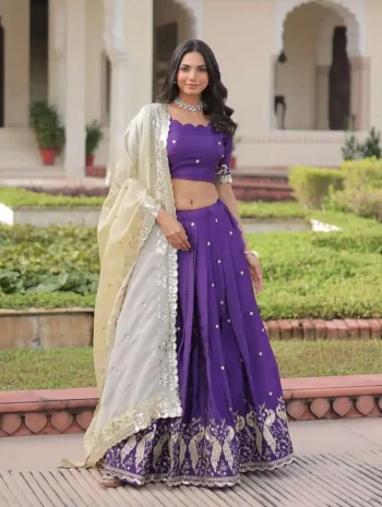 TRENDING GOLD CRUSH SEQUENCE & ZARI EMBROIDERY WORK LEHENGA CHOLI WITH DUPATTA PUPLE