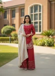 TRENDING JC SILK THREAD & SEQUNCE WITH PEARL WORK TOP PALAZZO WITH DUPATTA RED