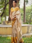 TRENDING LICHI SILK BANARASI WEAVING WORK SAREE WITH UNSTITCHED BLOUSE CREAM AND GOLD