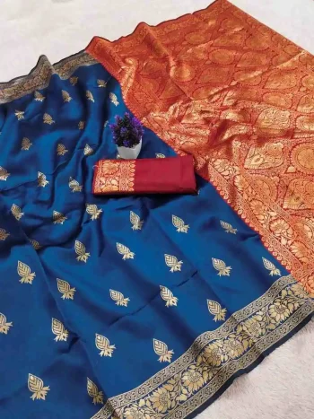 TRENDING LICHI SILK BANARASI WEAVING WORK SAREE WITH UNSTITCHED BLOUSE NAVY BLUE