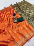 TRENDING LICHI SILK BANARASI WEAVING WORK SAREE WITH UNSTITCHED BLOUSE ORANGE