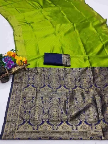 TRENDING LICHI SILK BANARASI WEAVING WORK SAREE WITH UNSTITCHED BLOUSE PARROT GREEN