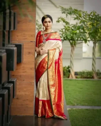 TRENDING LICHI SILK RICH PALLU & JACQUARD WORK SAREE WITH UNSTITCHED BLOUSE CREAM AND RED