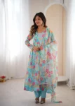 TRENDING ORGANZA FLORAL PRINT WORK GOWN BOTTOM WITH DUPATTA SKY