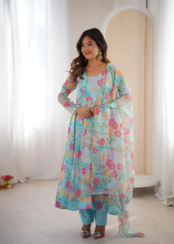 TRENDING ORGANZA FLORAL PRINT WORK GOWN BOTTOM WITH DUPATTA SKY