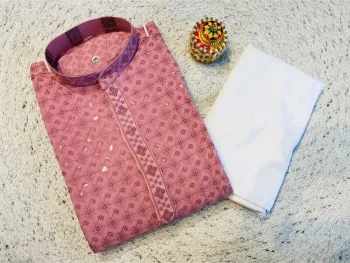 TRENDING RAYON SILK EMBROIDERY SEQUENCE WORK MEN'S KURTA PAYJAMA PINK