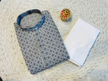 TRENDING RAYON SILK EMBROIDERY SEQUENCE WORK MEN'S KURTA PAYJAMA GREY