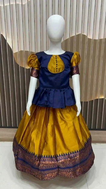 TRENDING SILK ZARI WEAVING WORK KID'S TOP LEHENGA NAVY BLUE AND YELLOW