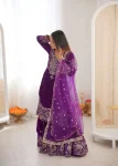 TRENDING VELVET CODING DORI EMBROIDERY WITH SEQUENCE & THREAD AND PEARL WORK TOP SHARARA WITH DUPATTA PURPLE