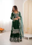 TRENDING VELVET CODING DORI EMBROIDERY WITH SEQUENCE & THREAD AND PEARL WORK TOP SHARARA WITH DUPATTA GREEN