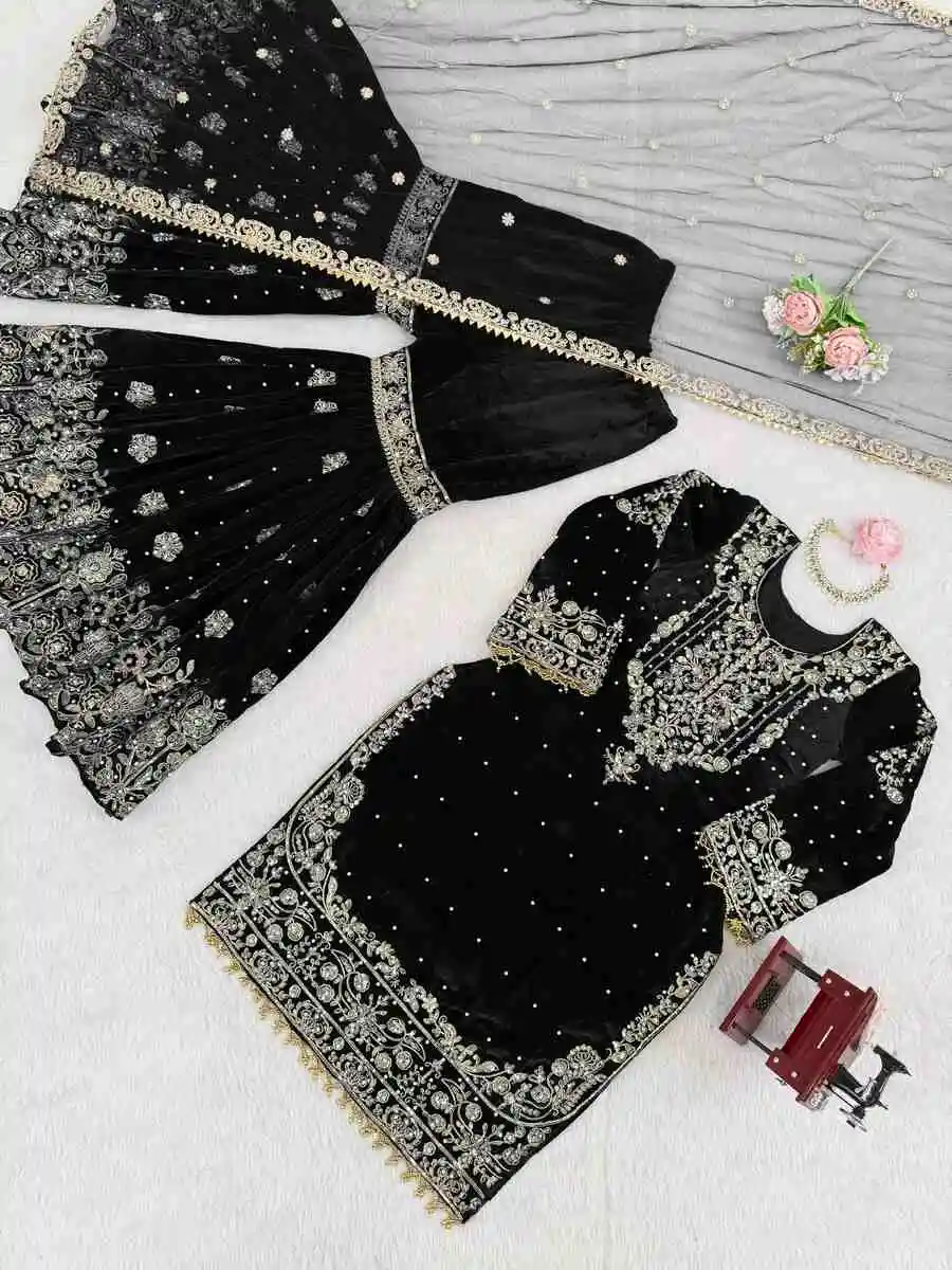 TRENDING VELVET CODING DORI EMBROIDERY WITH SEQUENCE & THREAD AND PEARL WORK TOP SHARARA WITH DUPATTA FESTIVE WEAR WHOLESALE PRICE ETHNIC GARMENT (34).webp