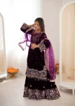 TRENDING VELVET CODING DORI EMBROIDERY WITH SEQUENCE & THREAD AND PEARL WORK TOP SHARARA WITH DUPATTA WINE