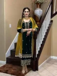 TRENDING VELVET SEQUENCE EMBROIDERY WORK WITH MOTI LACE WORK TOP PALAZZO WITH DUPATTA GREEN AND YELLOW