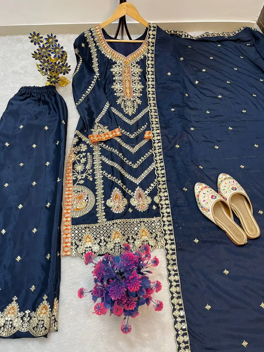 12DESIGNER CHINON SILK EMBROIDERY SEQUENCE WORK TOP PALAZZO WITH DUPATTA FESTIVE WEAR WHOLESALE PRICE ETHNIC GARMENT (18)