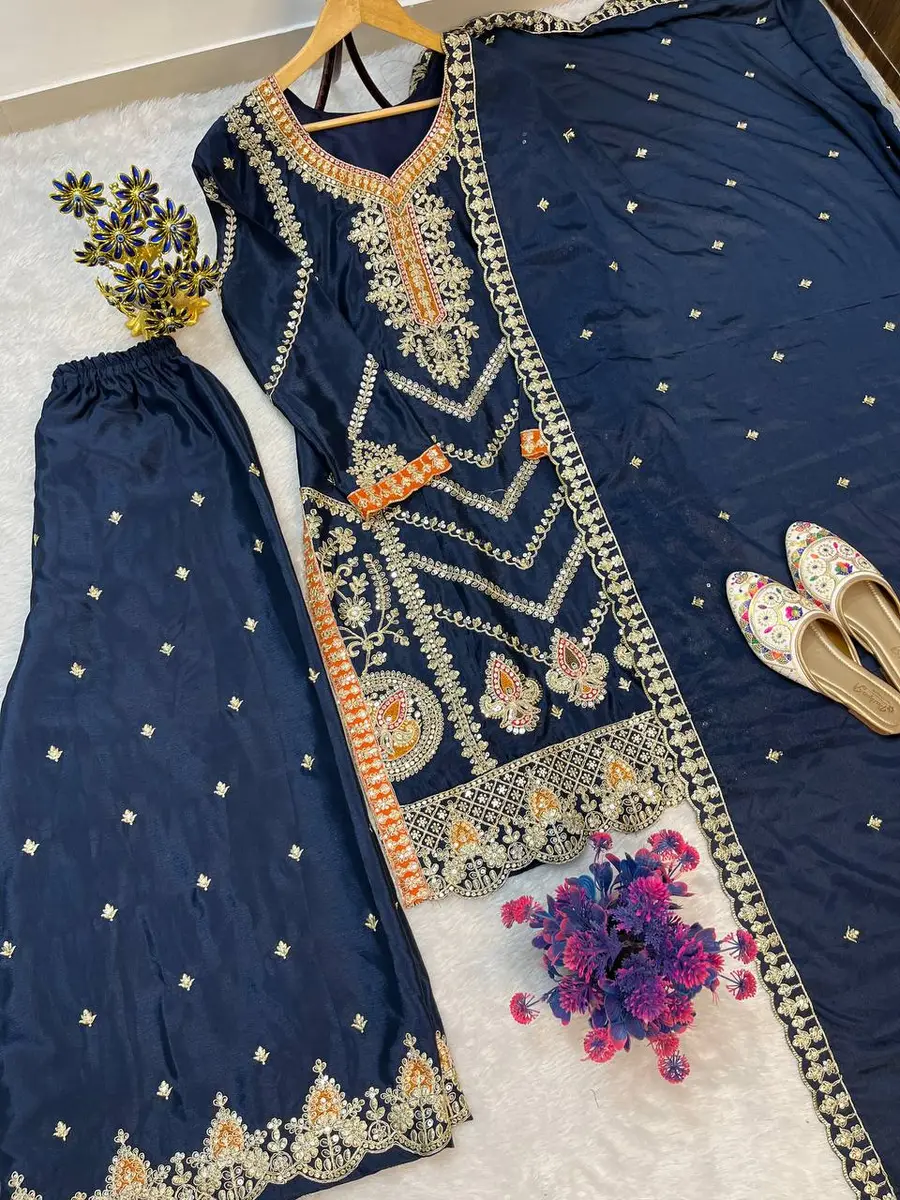 12DESIGNER CHINON SILK EMBROIDERY SEQUENCE WORK TOP PALAZZO WITH DUPATTA FESTIVE WEAR WHOLESALE PRICE ETHNIC GARMENT (19)