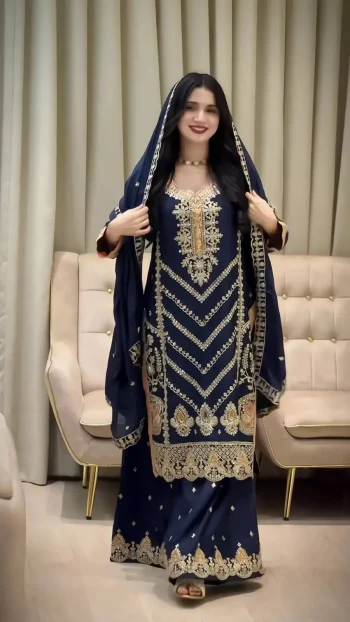 DESIGNER CHINON SILK EMBROIDERY SEQUENCE WORK TOP PALAZZO WITH DUPATTA NAVY BLUE