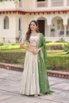 MODERN COSMOS SILK STANDARD FRILL STITCHING LEHENGA WITH MULTI THREAD EMBROIDERY ZARI CODING SEQUENCE WORK CHOLI AND DUPATTA GREEN