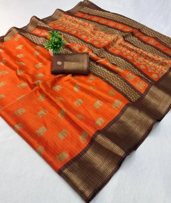 MODERN DOLA SILK JACQUARD WEAVING BORDER AND HD BATIK PRINT WORK SAREE WITH UNSTITCHED BLOUSE ORANGE