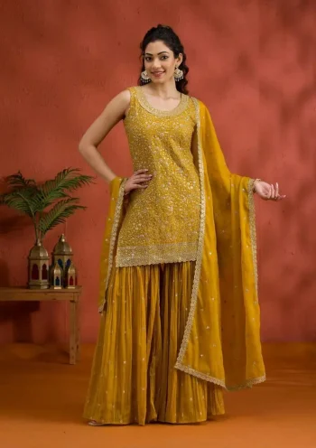 MODERN GEORGETTE EMBROIDERY SEQUENCE WORK TOP SHARARA WITH DUPATTA YELLOW