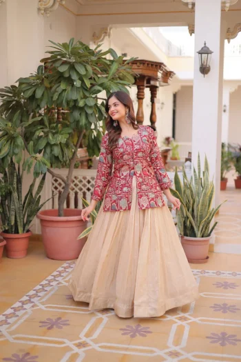 FANCY COSMOS WEAVING JACQUARD TOP LEHENGA SET MAROON