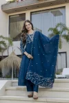 MODERN CP VICHITRA SILK SEQUENCE CODING EMBROIDERY WORK TOP BOTTOM WITH DUPATTA NAVY BLUE