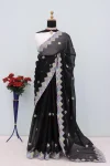 DESIGNER GMY CHIFFON SILK SEQUENCE WORK WITH 4 COL THREAD WORK SAREE WITH UNSTITCHED BLOUSE BLACK