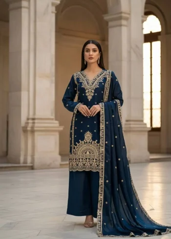 DESIGNER GMY SILK CODING WITH SEQUENCE EMBROIDERY WORK TOP PALAZZO WITH DUPATTA NAVY BLUE