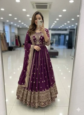 FASHIONABLE GEORGETTE SEQUENCE EMBROIDERY WORK GOWN BOTTOM WITH DUPATTA PURPLE