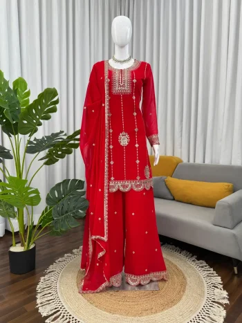 MODERN GEORGETTE THREAD WITH SEQUENCE WORK TOP PALAZZO WITH DUPATTA RED