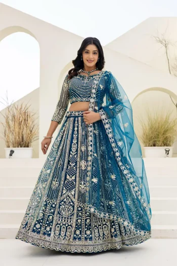 DESIGNER BUTTERFLY NET SEQUENCE AND CODING EMBROIDERY WORK LEHENGA CHOLI WITH DUPATTA TEAL