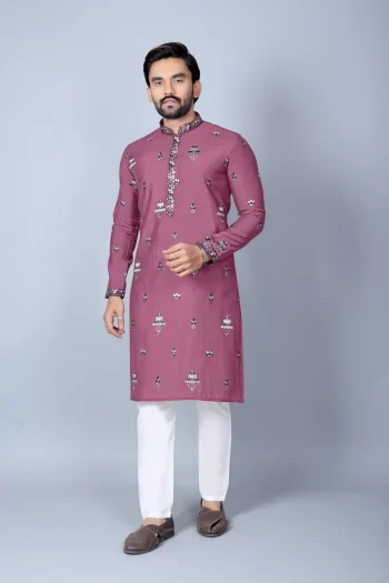 DESIGNER CHANDERI SILK EMBROIDERY SEQUENCE WORK MEN'S KURTA PAYJAMA PINK