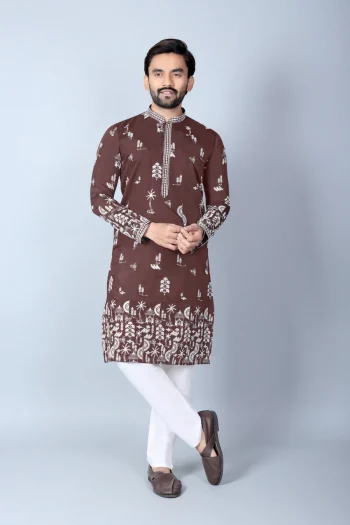 DESIGNER CHANDERI SILK EMBROIDERY SEQUENCE WORK MEN'S KURTA PAYJAMA BROWN