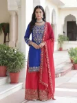 DESIGNER CHINON SILK EMBROIDERY CODING SEQUENCE WORK TOP PALAZZO WITH DUPATTA RANI AND BLUE