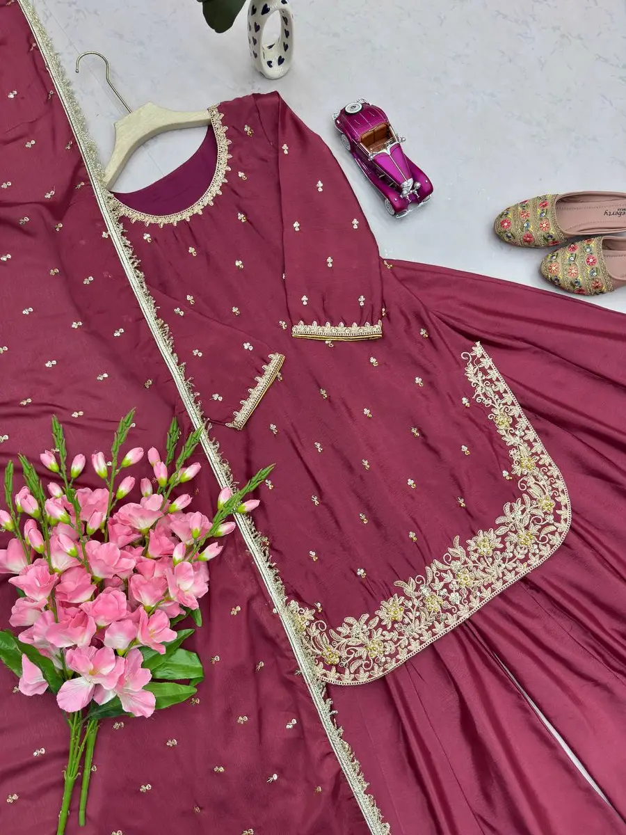 1DESIGNER CHINON SILK EMBROIDERY SEQUENCE WORK WITH MOTI WORK TOP PALAZZO WITH DUPATTA FESTIVE WEAR WHOLESALE PRICE ETHNIC GARMENT (7)