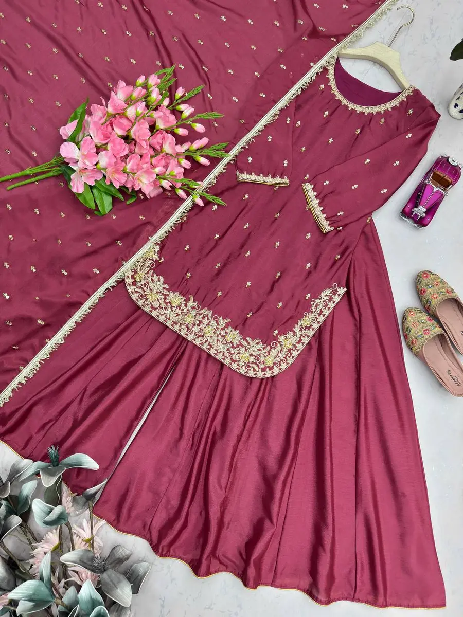 1DESIGNER CHINON SILK EMBROIDERY SEQUENCE WORK WITH MOTI WORK TOP PALAZZO WITH DUPATTA FESTIVE WEAR WHOLESALE PRICE ETHNIC GARMENT (9)