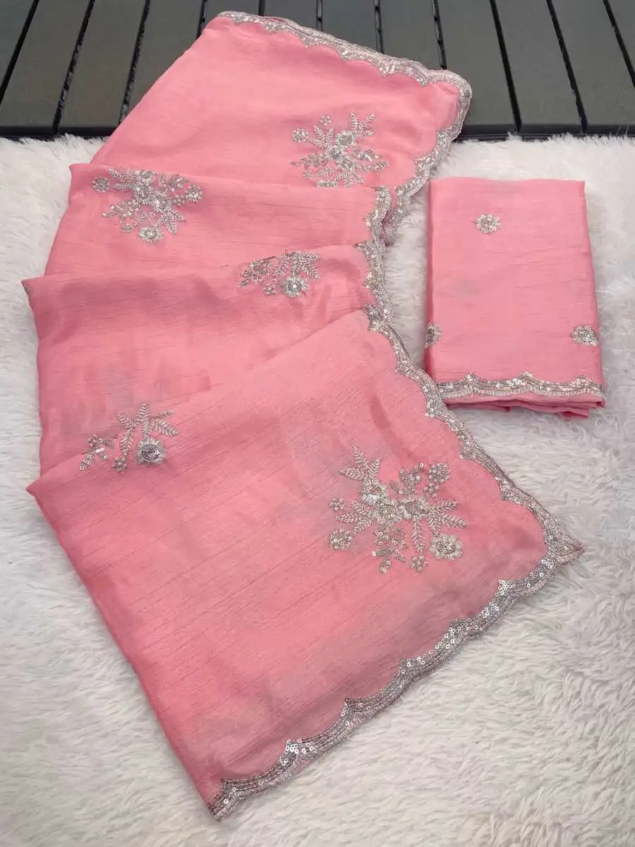 1DESIGNER CHINON WHITE SILVER ZARI EMBROIDERY WORK SAREE WITH UNSTITCHED BLOUSE WEDDING WEAR WHOLESALE PRICE ETHNIC GARMENT (18)