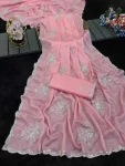 DESIGNER CHINON WHITE SILVER ZARI EMBROIDERY WORK SAREE WITH UNSTITCHED BLOUSE BABY PINK