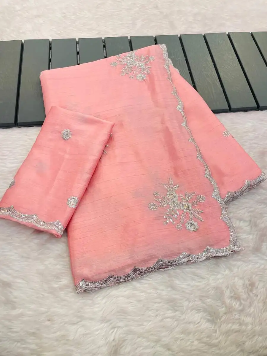 1DESIGNER CHINON WHITE SILVER ZARI EMBROIDERY WORK SAREE WITH UNSTITCHED BLOUSE WEDDING WEAR WHOLESALE PRICE ETHNIC GARMENT (20)